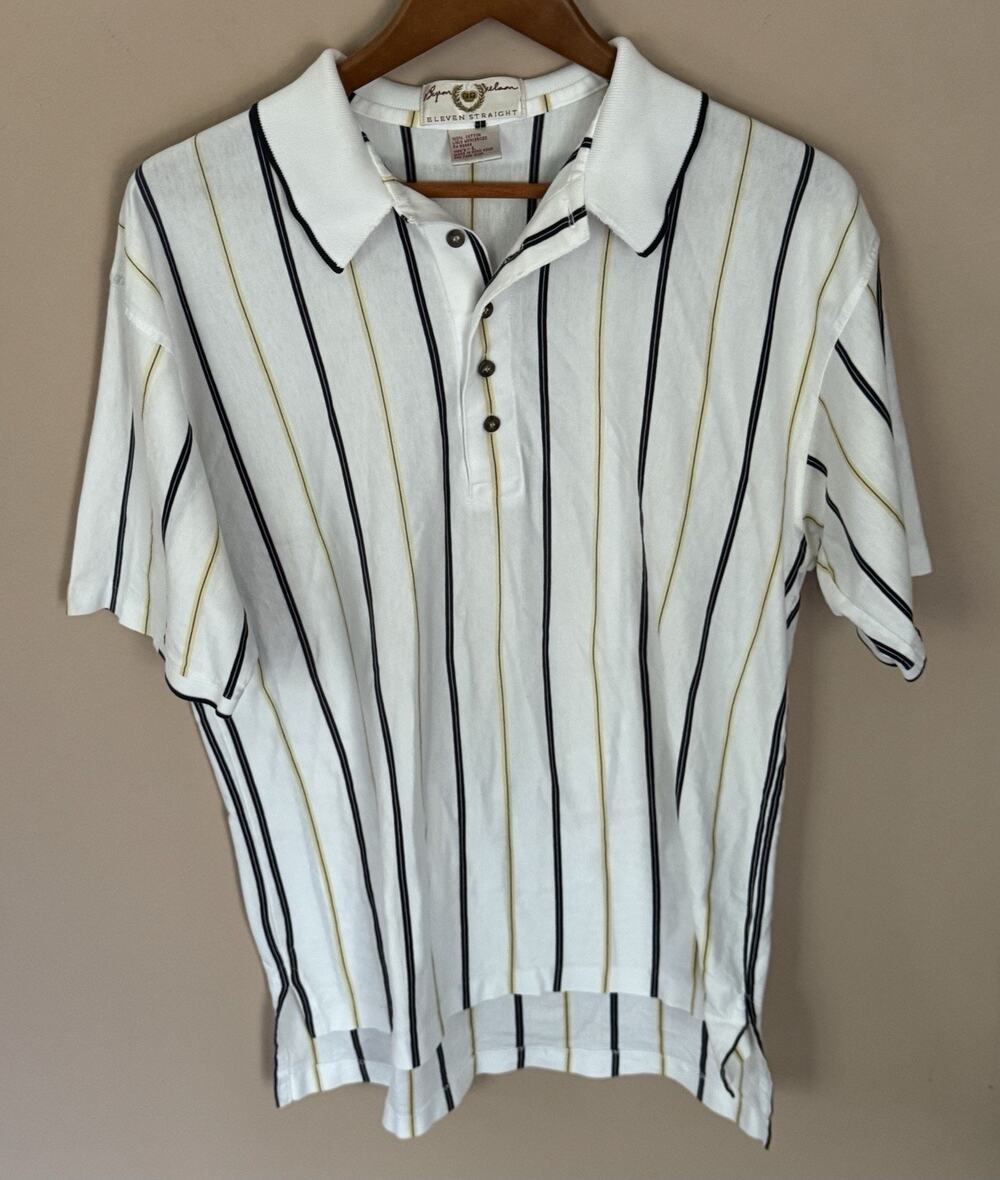 Byron Nelson Golf Polo Eleven Straight Men’s Size L White w/ Blue/Yellow Stripes